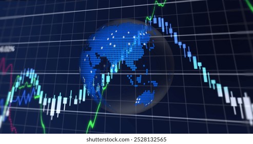 Financial data processing over grid network against spinning globe icon on blue background. global economy and business concept