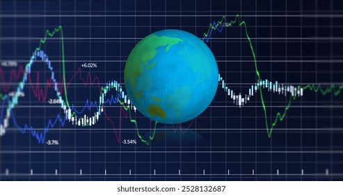 Financial data processing over grid network against spinning globe icon on blue background. global economy and business concept