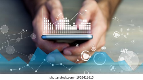 Financial data processing over man using smartphone. global technology, business and finance concept digitally generated image.