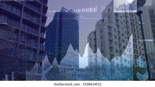 Financial data processing over modern cityscape. global technology, business and finance concept digitally generated image.