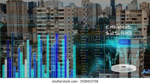 Financial data processing over modern cityscape in background. global technology, business and finance concept digitally generated image. - Powered by Shutterstock - Get 15% off with code: PIKWIZARD15