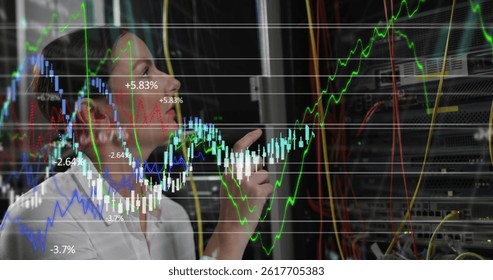 Financial data processing over thoughtful caucasian female engineer working in computer server room. global finance and business data storage technology concept