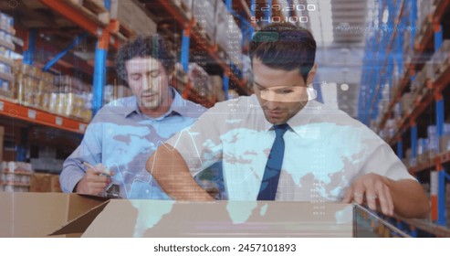 Financial data processing over two caucasian male supervisors checking stocks at warehouse. Global finance and logistics business concept - Powered by Shutterstock