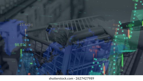 Financial data processing and world map against shopping cart in grocery store. Global finance and business technology concept