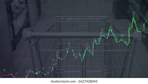 Financial data processing and world map against empty shopping cart in grocery store. Global finance and business technology concept