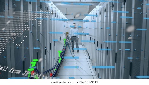 Financial data processing and world map over caucasian male engineer walking in computer server room. Global finance and business data storage technology concept - Powered by Shutterstock - Get 15% off with code: PIKWIZARD15