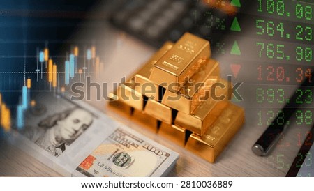 Financial data sheets, stock ticker displays, and stacked gold bars next to US dollar bills. The volatile gold commodity and currency markets, precious metal price indicators, and their impact on international trade and economics.