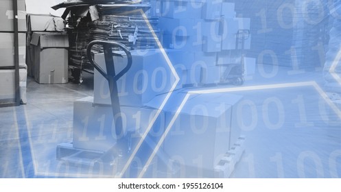 Financial data and statistics graphs processing over warehouse, technology and delivery concept. digitally generated image.