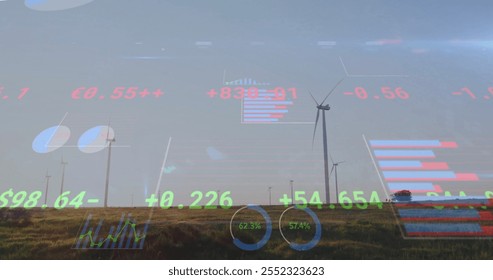 Financial data and statistics image over wind turbines in field. renewable energy, sustainability, green energy, data visualization, financial statistics, environmental technology - Powered by Shutterstock