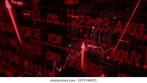 Financial data and stock market analysis image over red graph and numbers. Finance, investment, trading, economy, statistics, money