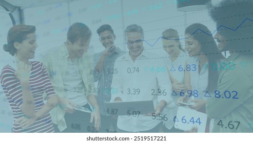 Financial data and stock market image over diverse business team collaborating. Finance, teamwork, collaboration, diversity, data analysis, financial growth - Powered by Shutterstock