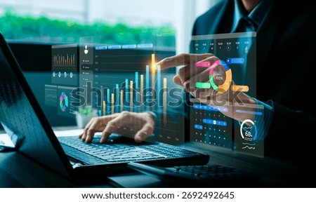 Financial data visualization with digital charts and analytics dashboard, showing business growth, performance metrics, and innovation, representing financial analysis, big data, business intelligence