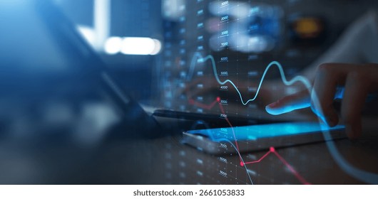 Financial Data Visualization and Market Analytics Interface Projected on Virtual Screen.