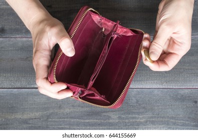 Financial Difficulties Concept, Woman`s Hands Holding An Old Empty Wallet. 