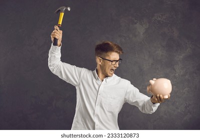 Financial difficulties. Emotional and crazy frustrated young man is going to break piggy bank with hammer. Angry man shouting holding piggy bank and hammer in his hands standing on gray background. - Shutterstock ID 2333120873