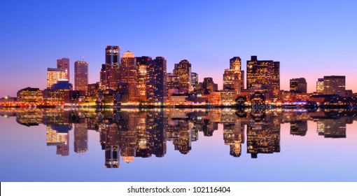 Financial District of Boston, Massachusetts viewed across from Boston Harbor.