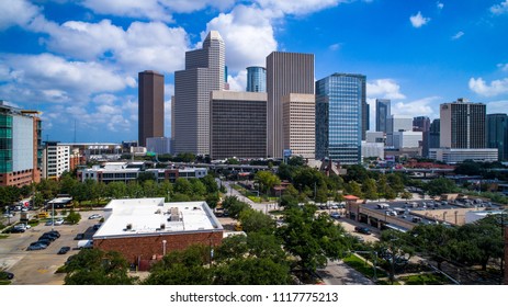 Financial District Rising Downtown Towers Of Financial Wealthy And Property Value The Skyline Cityscape Of Houston , Texas , USA Big City Of East Texas Near Gulf Coast Blue Sky Afternoon