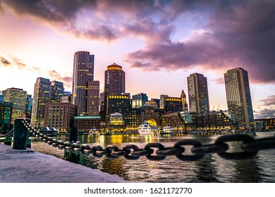 Financial District Skyline and Harbour at Dusk in winter, Boston, Massachusetts, USA