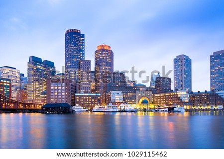 Financial District Skyline and Harbour at Dusk, Boston, Massachusetts, USA