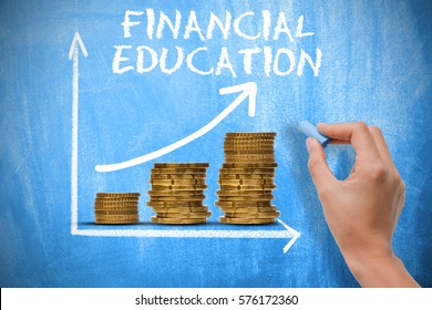 Financial Education Concept With Piles Of Money And Exponential Growth Chart On Blue Chalkboard