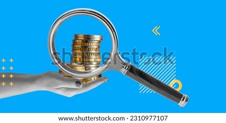 Financial exploration, Data analysis, Market research, Profitability assessment, Investment opportunities, Business analytics concept. Hand with stack of coins behind magnifying glass
