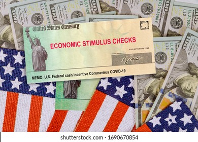 Financial Federal STIMULUS Coronavirus Global Pandemic Covid 19 Lockdown Financial Relief Checks From Government US 100 Dollar Bills Currency On American Flag