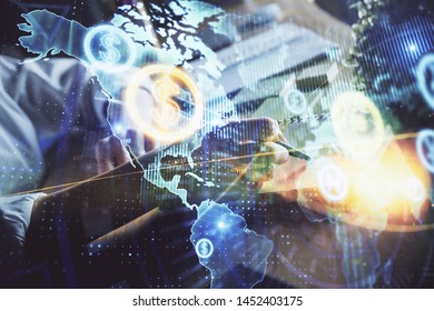 Financial forex charts displayed on woman's hand taking notes background. Concept of research. Double exposure - Shutterstock ID 1452403175