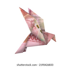 Financial Freedom Money Origami Bird Folded With Real 100000 Rupiah Indonesian Money Isolated On White Background