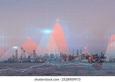 A financial graph with data visualizations is displayed over the New York skyline at sunset, illustrating market trends and analysis
