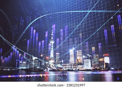 Financial graph on night city scape with tall buildings background multi exposure. Analysis concept. - Shutterstock ID 1581231997