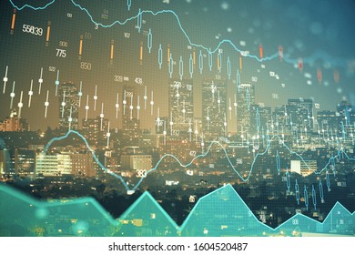 Financial graph on night city scape with tall buildings background multi exposure. Analysis concept. - Shutterstock ID 1604520487