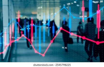 Financial graph, people walking, indoor environment, graph with blue and red lines and bars, financial data, market, numbers, Candlestick graph - Powered by Shutterstock