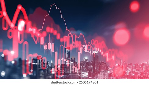 Financial graph with a red falling trend line overlay on a cityscape background, symbolizing a market downturn and financial crisis - Powered by Shutterstock