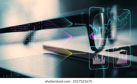 Financial graphs, binary codes on a desk with glasses and keyboard. Digital interface on a blurred background. Concept of fintech analysis - Powered by Shutterstock - Get 15% off with code: PIKWIZARD15