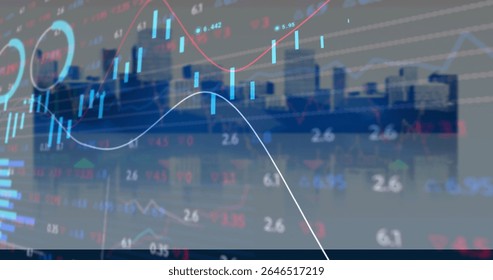Financial graphs and data processing image over city skyline background. Finance, economy, analytics, technology, urban, stock market