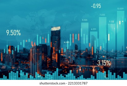 Financial graphs and digital indicators overlap with modernistic urban area, skyscrabber for stock market business concept. Double exposure. - Powered by Shutterstock