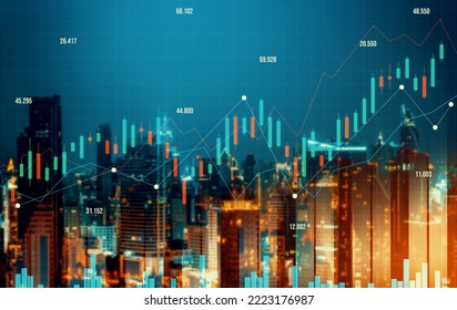 Financial graphs and digital indicators overlap with modernistic urban area, skyscrabber for stock market business concept. Double exposure. - Shutterstock ID 2223176987