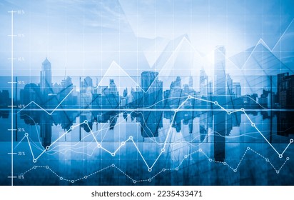 Financial graphs and digital indicators overlap with modernistic urban area, skyscrabber for stock market business concept. Double exposure. - Powered by Shutterstock