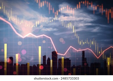 Financial graphs over a city skyline representing real estate market trends, with a digital and analytical concept on a twilight background - Powered by Shutterstock