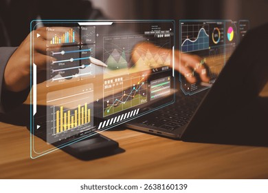Financial growth and accounting analysis concept with businessman using calculator and virtual bar chart. Perfect for business success, revenue growth, finance report, and investment planning. - Powered by Shutterstock - Get 15% off with code: PIKWIZARD15