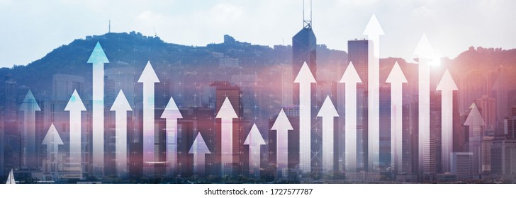 Financial Growth Arrow Chart City View Website Panoramic Header Banner. Investment, Stock Trading, Economic Concept.