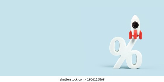 Financial Growth Concept. Rocket On Percentage Sign. Income Boost. Savings Cashback Or Sale Concept Banner With Copy Space