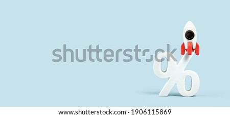 Financial growth concept. Rocket on percentage sign. Income boost. Savings cashback or sale concept banner with copy space
