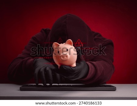 Financial hacking concept with masked hacker stealing piggy bank and warning symbols. Represents online banking theft, password breach, cybercrime, and digital financial fraud threats.