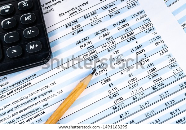 Financial income statement with calculator and\
pencil. Balance the investment\
portfolio