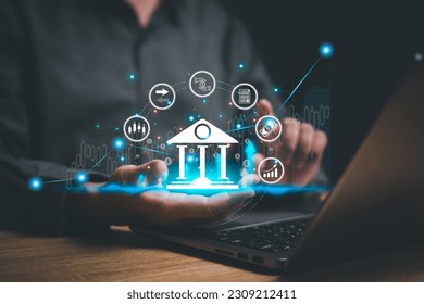 Financial innovation technology development and business management concepts, Businessman holding bank, and financial icon services that enhance success and profit in global business