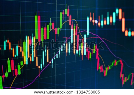 financial instruments with various type of indicators including volume analysis for professional technical analysis on the monitor of a computer. Fundamental and technical analysis concept.
