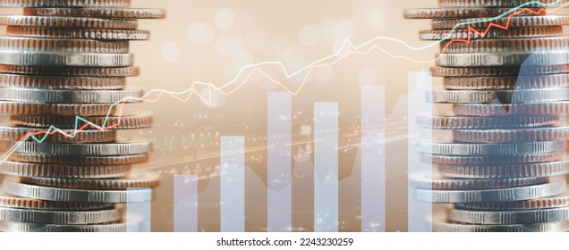 Financial investment and business concept for double exposure of graph and rows of coins. - Shutterstock ID 2243230259