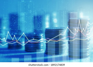 Financial investment concept, Double exposure of stack of coins and city for finance investor, Forex trading market candlestick chart, Cryptocurrency Digital economy. investing growing.economy trends  - Shutterstock ID 1892174839