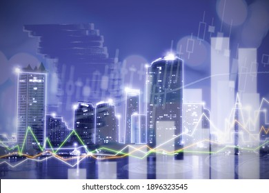 Financial Investment Concept, Double Exposure Of City Night And Stack Of Coins For Finance Investor, Forex Trading Candlestick Chart Economic , ECN Digital Economy, Business, Money, Passive Income.